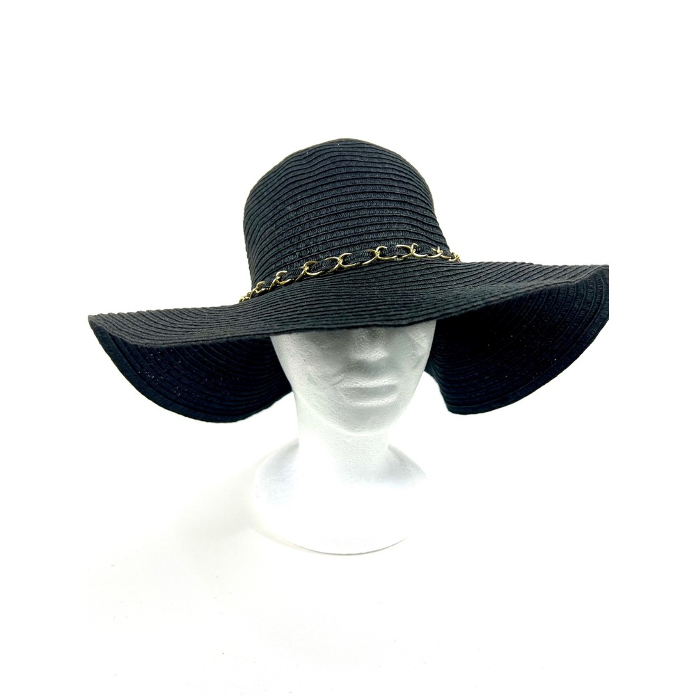 Black Wide Brim Floppy Sun Hat Gold Chain Accent UB151296 One Size